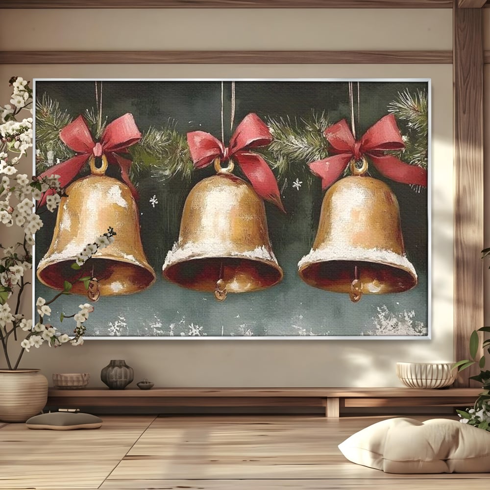 Tablou canvas cu pictura cu clopote aurii de craciun, in rama de aluminiu argintiu